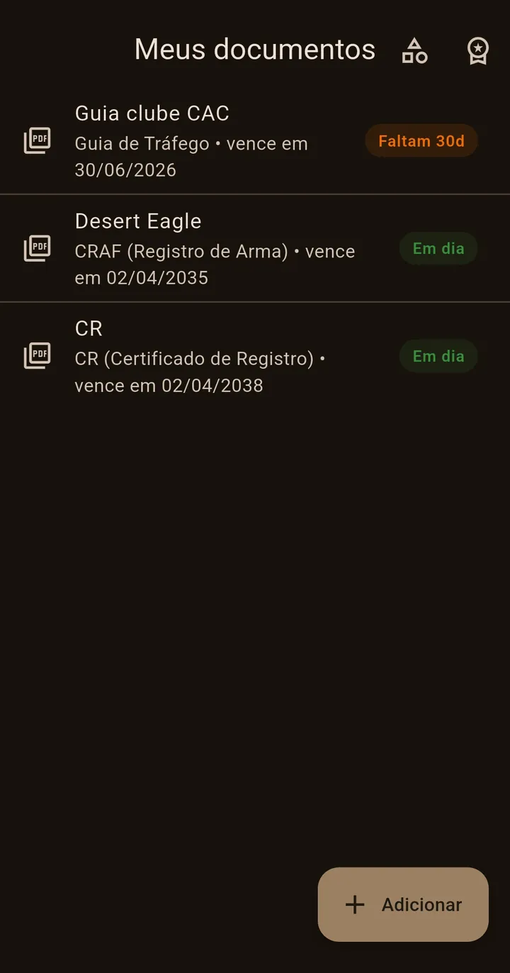 Lista de documentos da Carteira Caqui com indicadores de status: faltam 30 dias e
em dia