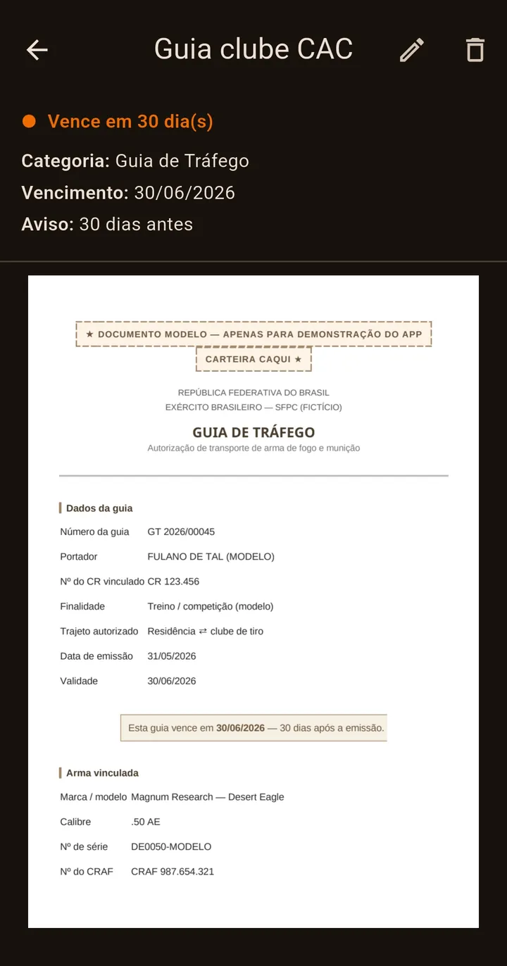 Visualização de um documento na Carteira Caqui mostrando vence em 30 dias e o PDF
aberto dentro do app
